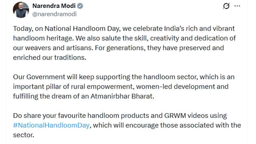 प्रधानमंत्री मोदी ने राष्ट्रीय हथकरघा दिवस पर बुनकरों का किया अभिवादन