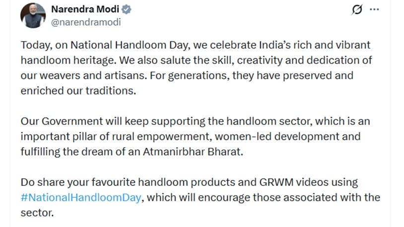 प्रधानमंत्री मोदी ने राष्ट्रीय हथकरघा दिवस पर बुनकरों का किया अभिवादन - header image